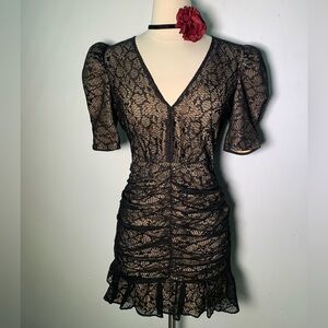 Saylor Reena Lace Dress Black ruched skirt deep V-neckline puff sleeves size S